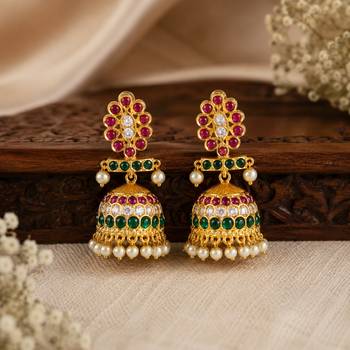  gold plated kemp stone jhumka earrings for women   traditional south indian pearl drop jhumki 3