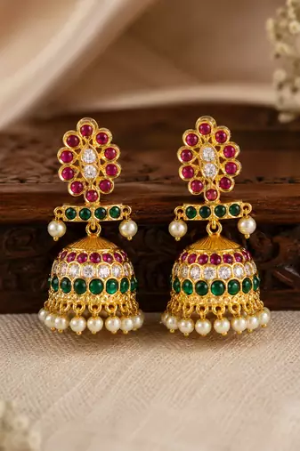 Bellamoire gold plated kemp stone jhumka earrings for women | traditional south indian pearl drop jhumki