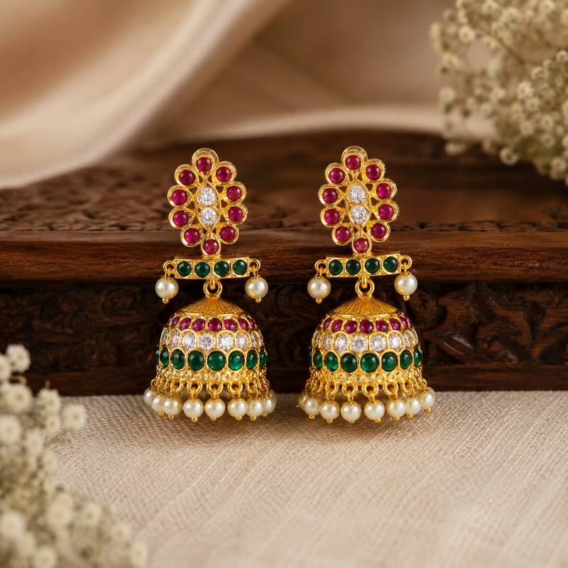  gold plated kemp stone jhumka earrings for women   traditional south indian pearl drop jhumki