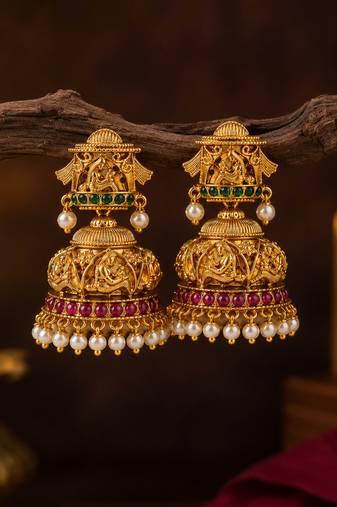 Bellamoire gold plated lakshmi temple jhumka earrings with pearl drops for women