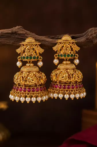 Bellamoire gold plated lakshmi temple jhumka earrings with pearl drops for women