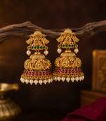  gold plated lakshmi temple jhumka earrings with pearl drops for women
