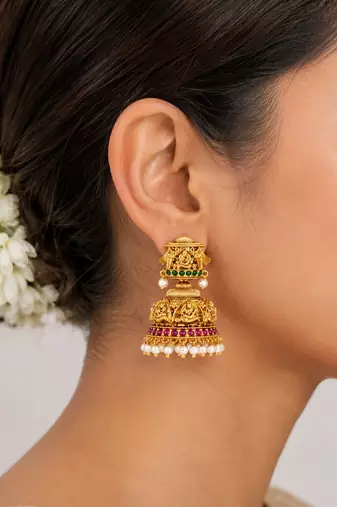 Bellamoire gold plated lakshmi temple jhumka earrings with pearl drops for women