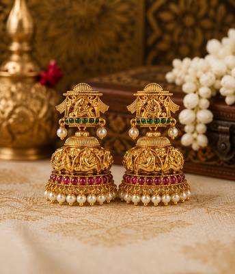  gold plated lakshmi temple jhumka earrings with pearl drops for women 3