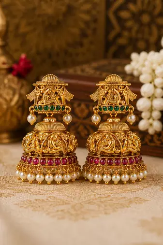 Bellamoire gold plated lakshmi temple jhumka earrings with pearl drops for women