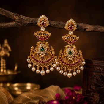  gold temple chandbali earrings for women   south indian kempu ruby green pearl drop bridal wedding jewelry 1