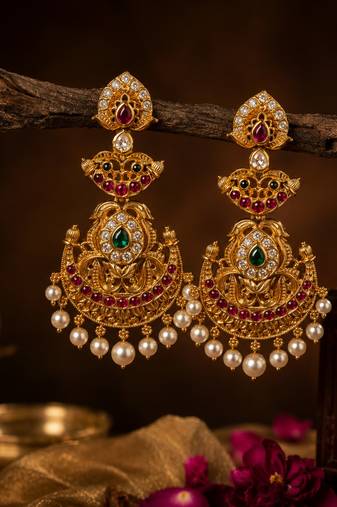 Bellamoire gold temple chandbali earrings for women | south indian kempu ruby green pearl drop bridal wedding jewelry