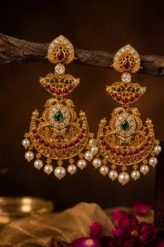 Bellamoire gold temple chandbali earrings for women | south indian kempu ruby green pearl drop bridal wedding jewelry