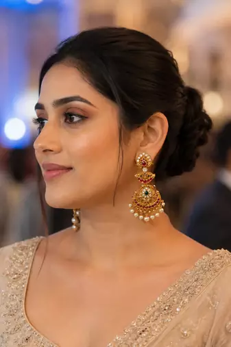 Bellamoire gold temple chandbali earrings for women | south indian kempu ruby green pearl drop bridal wedding jewelry