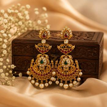  gold temple chandbali earrings for women   south indian kempu ruby green pearl drop bridal wedding jewelry 3