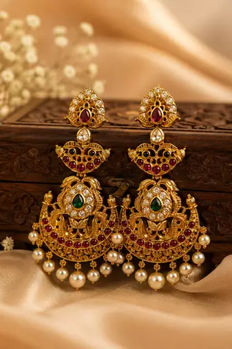 Bellamoire gold temple chandbali earrings for women | south indian kempu ruby green pearl drop bridal wedding jewelry