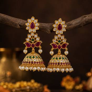  gold kemp jhumka earrings for women   south indian temple jewelry   ruby green cz pearl drop bridal earrings 1