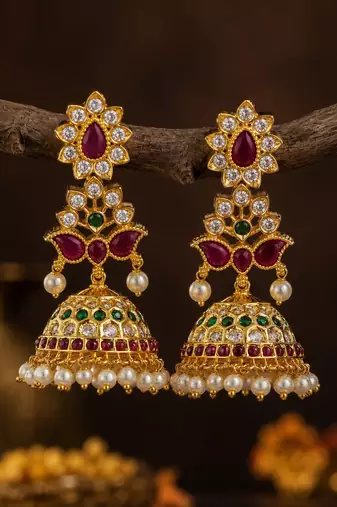 Bellamoire gold kemp jhumka earrings for women | south indian temple jewelry | ruby green cz pearl drop bridal earrings