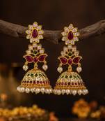  gold kemp jhumka earrings for women   south indian temple jewelry   ruby green cz pearl drop bridal earrings