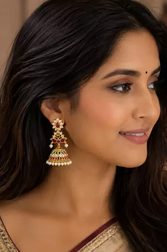 Bellamoire gold kemp jhumka earrings for women | south indian temple jewelry | ruby green cz pearl drop bridal earrings