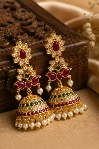 Bellamoire gold kemp jhumka earrings for women | south indian temple jewelry | ruby green cz pearl drop bridal earrings