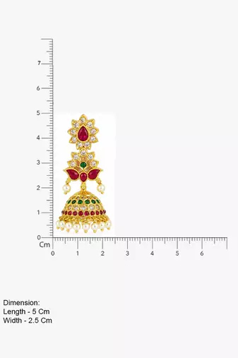 Bellamoire gold kemp jhumka earrings for women | south indian temple jewelry | ruby green cz pearl drop bridal earrings