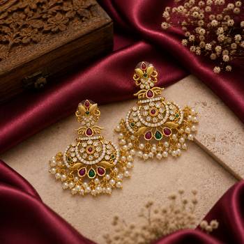 gold plated antique kempu chandbali earrings   cz stones & pearl drops   temple jewelry 1