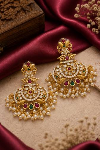 Bellamoire gold plated antique kempu chandbali earrings | cz stones & pearl drops | temple jewelry