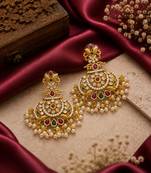  gold plated antique kempu chandbali earrings   cz stones & pearl drops   temple jewelry