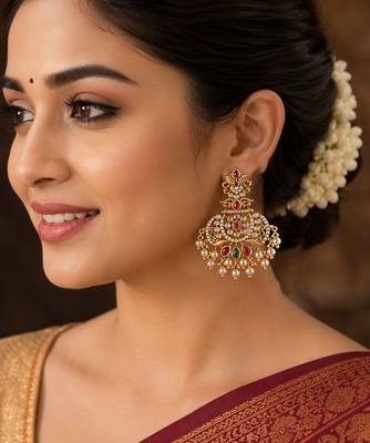  gold plated antique kempu chandbali earrings   cz stones & pearl drops   temple jewelry 2