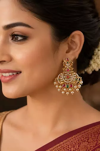 Bellamoire gold plated antique kempu chandbali earrings | cz stones & pearl drops | temple jewelry