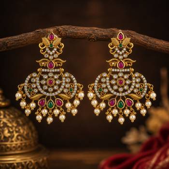  gold plated antique kempu chandbali earrings   cz stones & pearl drops   temple jewelry 3