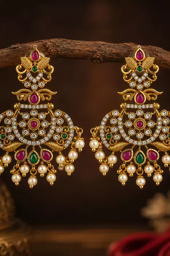 Bellamoire gold plated antique kempu chandbali earrings | cz stones & pearl drops | temple jewelry