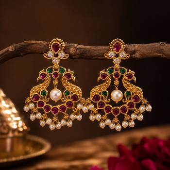  gold plated peacock chandbali earrings for women   kempu pearl drop temple jewelry 1