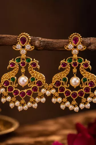 Bellamoire gold plated peacock chandbali earrings for women | kempu pearl drop temple jewelry