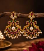  gold plated peacock chandbali earrings for women   kempu pearl drop temple jewelry