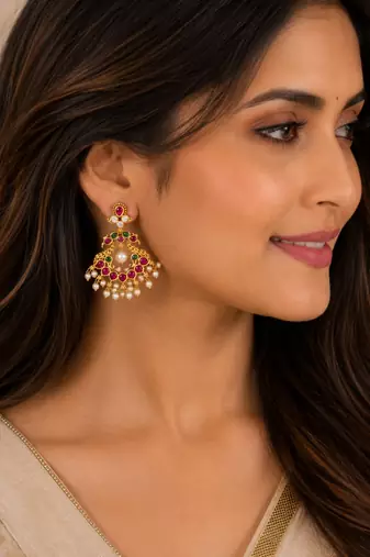 Bellamoire gold plated peacock chandbali earrings for women | kempu pearl drop temple jewelry