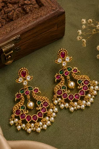 Bellamoire gold plated peacock chandbali earrings for women | kempu pearl drop temple jewelry