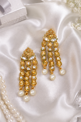Temple Style Kundan Pearl Cascade Earrings 3