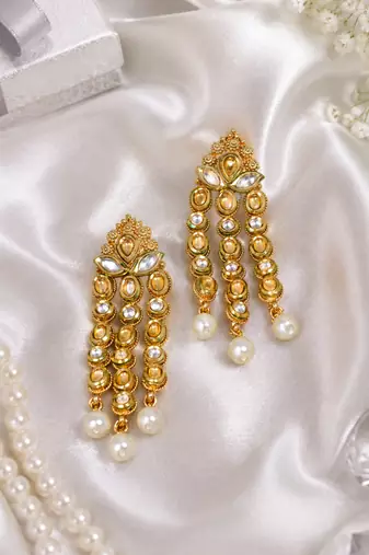 Temple Style Kundan Pearl Cascade Earrings