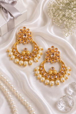Floral Polki Stone Pearl Chandbali 3