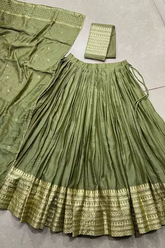 light green Chanderi Zari Weaving Work Border Lehenga Choli 