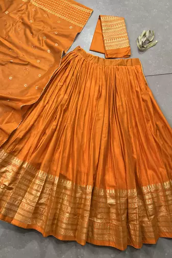 orange Chanderi Zari Weaving Work Border Lehenga Choli 