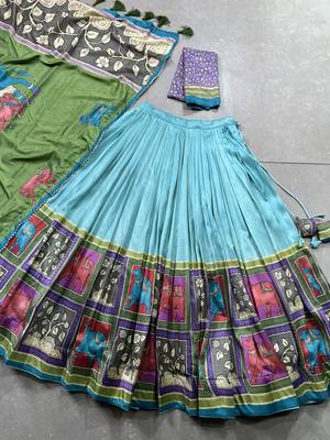 sea green kalamkari foil work tussar silk lehenga choli 7