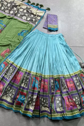 sea green Tussar Silk Foil Work Lehenga Choli