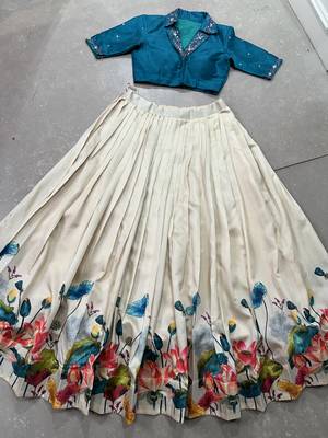 Teal Off white Tussar silk blend blend Floral Print free size Lehenga Choli  6