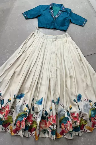Teal Off white Tussar silk blend Floral Print free size Lehenga Choli 