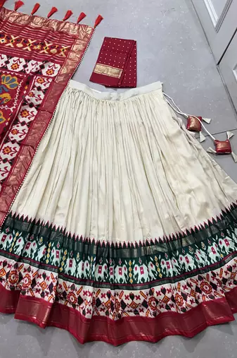 off white Tussar Silk Patola Print Lehenga Choli with Foil Work Detailing