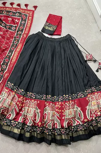black tussar Silk Lehenga Choli with Patola Print & Foil Shine