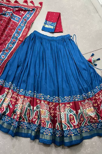 teal tussar Silk Lehenga Choli with Patola Print & Foil Shine