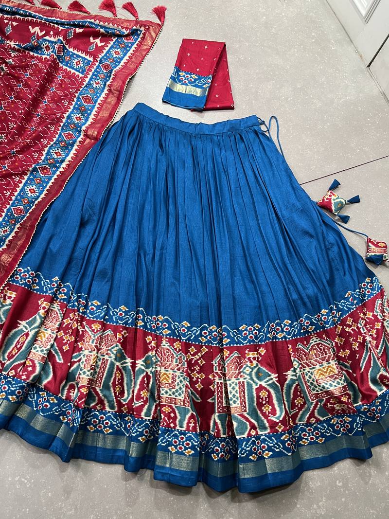 teal tussar Silk Lehenga Choli with Patola Print & Foil Shine
