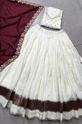 off white Zari Weaving Vichitra Silk Lehenga Choli