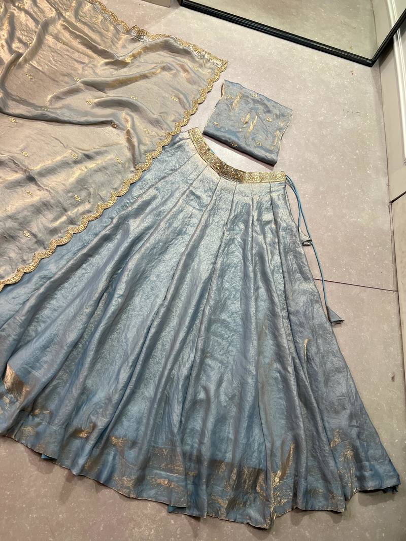 sky blue Fendi silk blend Sequins Thread Embroidered Belt Lehenga Choli