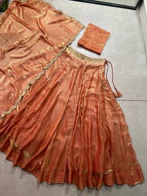 orange Fendi Silk Sequins Thread Embroidered Belt Lehenga Choli 7