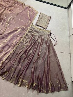 lavender Fendi Silk Sequins Thread Embroidered Belt Lehenga Choli 7